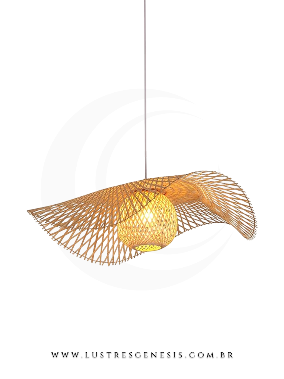 Lustre pendente rústico de bambu modelo Hat com diâmetro de 45cm, ideal para quartos, salas de jantar e áreas gourmet.